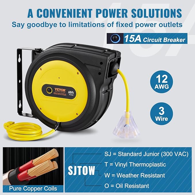 VEVOR Retractable Extension Cord Reel, 65 FT, Heavy Duty 12AWG/3C SJTOW Retractable Power Cord with Lighted Triple Tap Outlet, 15 Amp Circuit Breaker 180° Swivel Bracket for Ceiling or Wall Mount