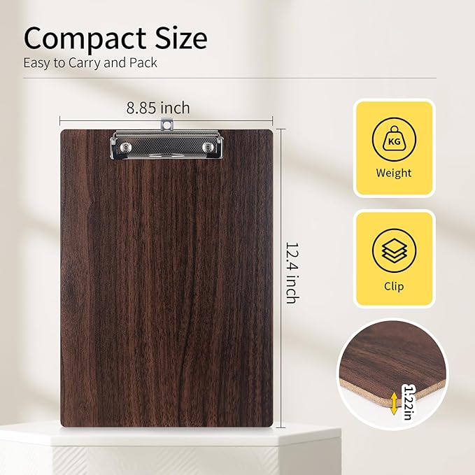 Wood-Grain Lap Board Clipboard, for Letter & A4 Size Solid Wood Texture Writing & Sketching Board with Heavy-Duty Clip (Walnut, 2)