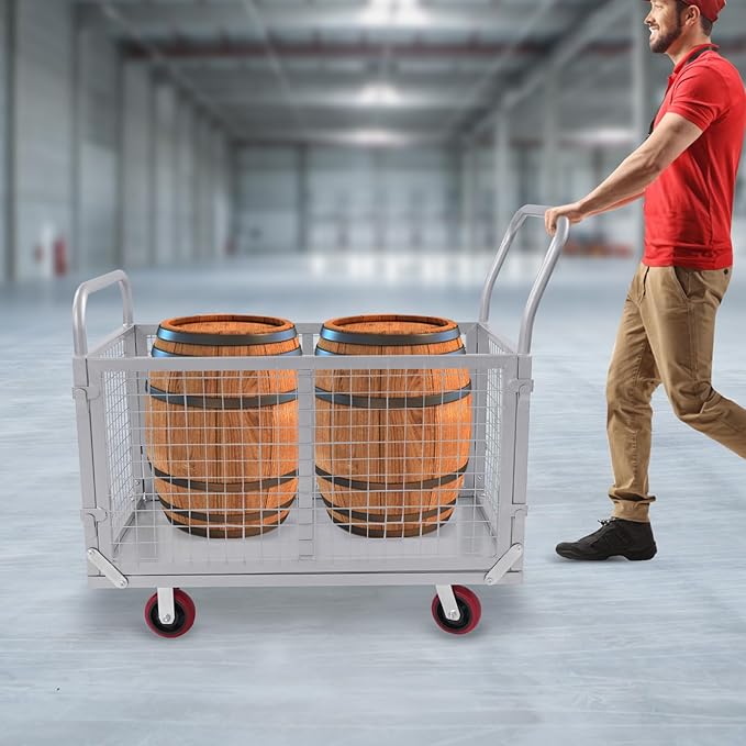 Large Platform Truck Cart, 440LBS Heavy Duty Push Cart Dolly with Cage, 39 x 24in Steel Flatbed Carts Flat Dollys Hand Trucks for Groceries, Garage, Warehouse, Equipment