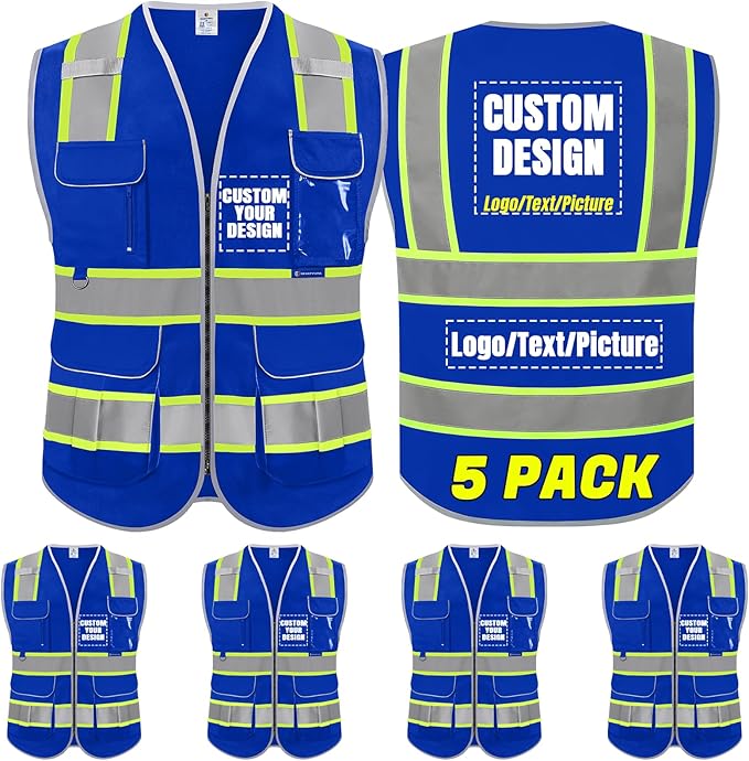 BeautyWill 5Pack Custom Logo Safety Vest 8 Pockets Class2 ANSI Certified High Visibility Reflective Vest for Men - Personalized Logo Heavy-Duty Work Vest（Blue，M）