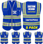 BeautyWill 5Pack Custom Logo Safety Vest 8 Pockets Class2 ANSI Certified High Visibility Reflective Vest for Men - Personalized Logo Heavy-Duty Work Vest（Blue，3XL）