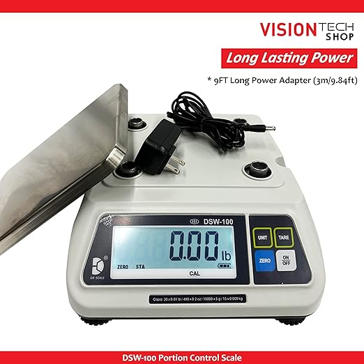 VisionTechShop DSW-100 Portion Food Scale with Dual LCD Display, Stainless Steel Platter, 15lb Capacity, 0.005lb Readability, Lb/Oz/Kg/g Switchable, Low Profile Design, NTEP COC #22-007, NSF Certified