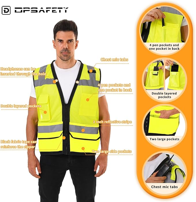 Reflective Safety vest With back plan pocket,High visibility Class 2 Heavy Duty Surveyor Vest with Zipper,Hi Vis Vest ANSI/ISEA Standard, Construction Work Vest for Men＆Women(Lime,3XL)