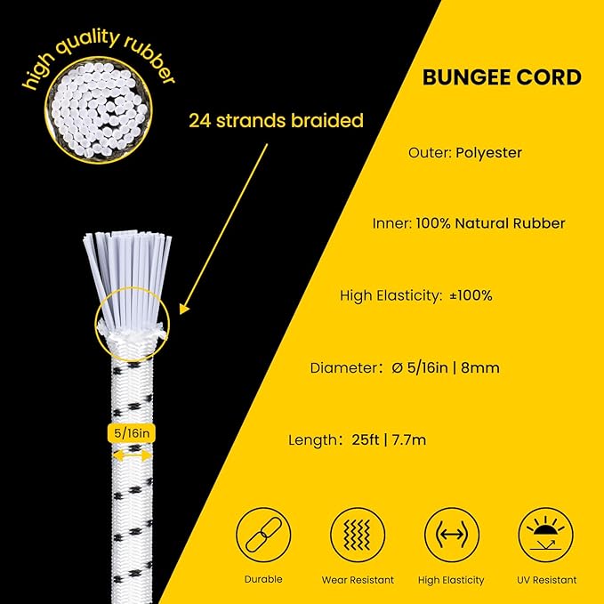 Bungee Cord Elastic Shock Cord 5/16" x 25' Bungee Rope for DIY, Tie Downs, Kayak and Outdoor - White&Black