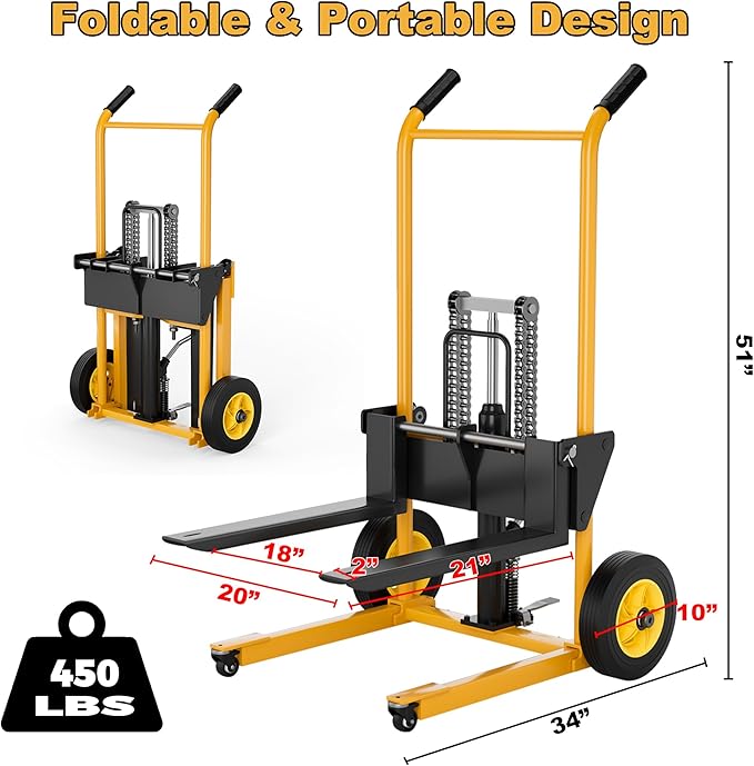 Foldable Hydraulic Lift Dolly, 450LBS 36" Pallet Stacker, 2-in-1 Hand Truck & Flatbed Cart, Adjustable Forks, 10" Rubber Wheels, Foot Pump, for Warehouse Garage Workshop