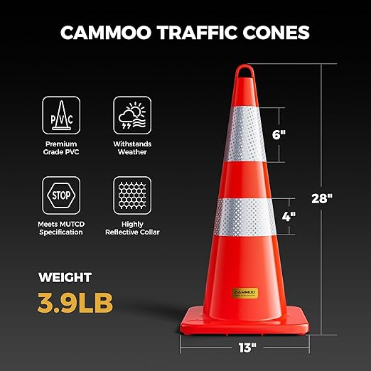 10 Pack 28 Inch Traffic Cones, from -22℉ to 131℉, MUTCD-Compliant Orange Safety Cone with Reflective Collar ＆ Extra Caution Tape for Parking Lot, Construction Work, Road Safety