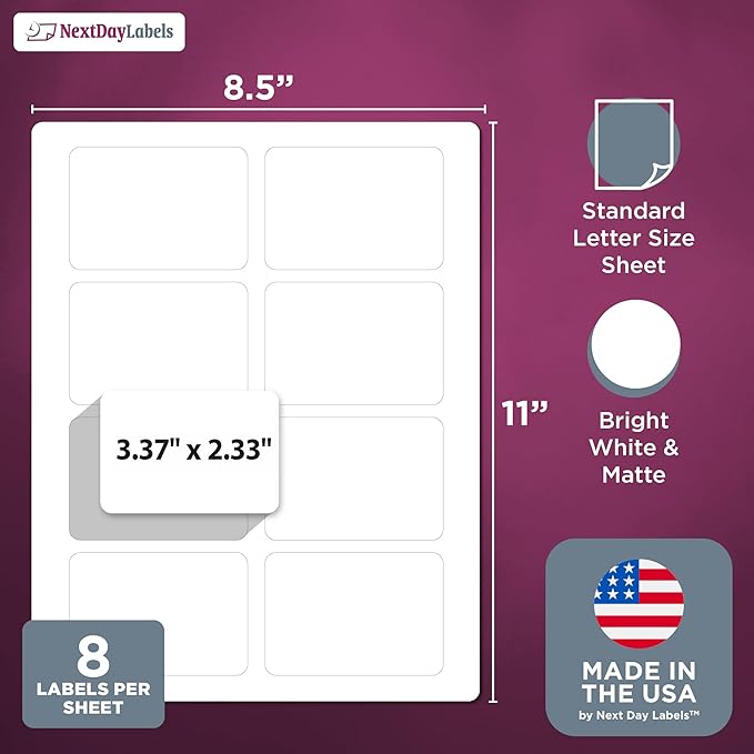 NextDayLabels – 3-3/8" x 2-1/3" Rectangular Sticker Labels for Printer - White Laser/Inkjet Printer Labels Return Address Labels Shipping Label Stickers (100 Sheets, 8 Per Sheet, 800 Labels)