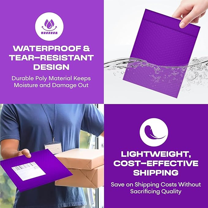Purple Large Poly Bubble Mailers 12x15 inch | Self Seal Padded Envelopes Cushioned Bubble Mailer | Usable Size 12x15 | WaterProof | Lightweight mailing Shipping Bags | 100 Pack Bulk