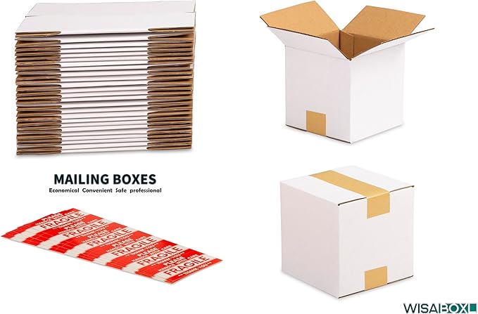 6x6x6 inch White Shipping Boxes, Corrugated Cardboard Small Boxes with Fragile Stickers for Business Mailing, Packing, Moving, Storage, 25 Pack