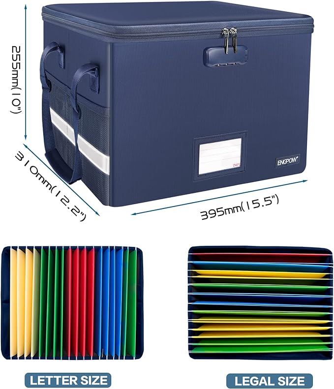 ENGPOW File Box with Lock, Fireproof Document Box with Zipper＆Pockets, Collapsible File Organizer Filing Storage Cabinet with Handle, Portable Home Office Safe for Hanging Letter/Legal Folder, Blue