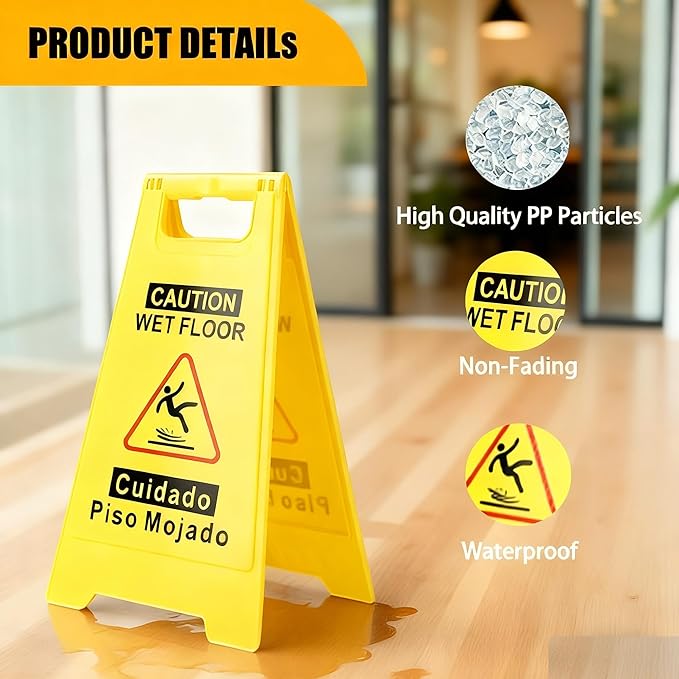 3 Pack Caution Wet Floor Sign, 24" Height, Bright Yellow, Double-Sided A-Frame Safety Caution Sign Commercial, Bilingual Caution Message