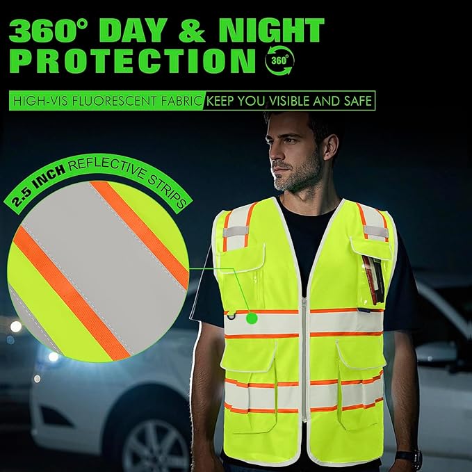 BeautyWill Custom Logo Safety Vest 8 Pockets Class2 ANSI Certified High Visibility Reflective Vest for Men - Personalized Logo Heavy-Duty Work Vest（Yellow，XXL）