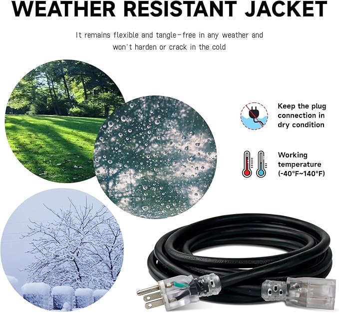 EP 25 Ft Lighted Outdoor Extension Cord - 10/3 SJTW Heavy Duty Black Extension Cable with 3 Prong Grounded Plug for Safety, UL Listed