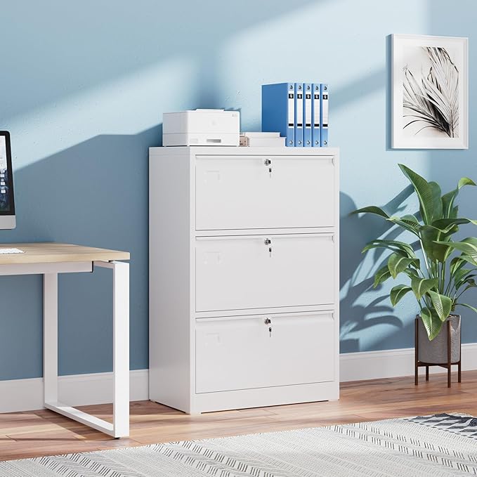 Aobabo 3 Drawer Wide Lateral File Cabinet, Metal Filing Cabinet with Lock, Suitable for Home Office School Hanging Files Letter/Legal/F4/A4 Size,White,Required-Assembly,15.87" D x 28.94" W x 43.62" H