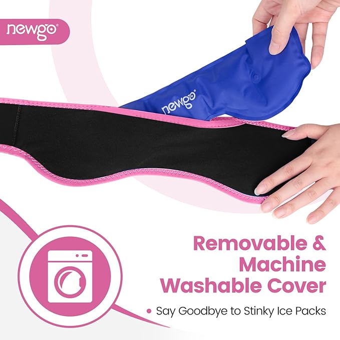 NEWGO Headache Ice Pack Head Wrap for Migraines, Cold Pack Head Ice Therapy Wrap for Headache Relief, Tension, Sinus Pain, Chemo, Head Injuries - Rosered
