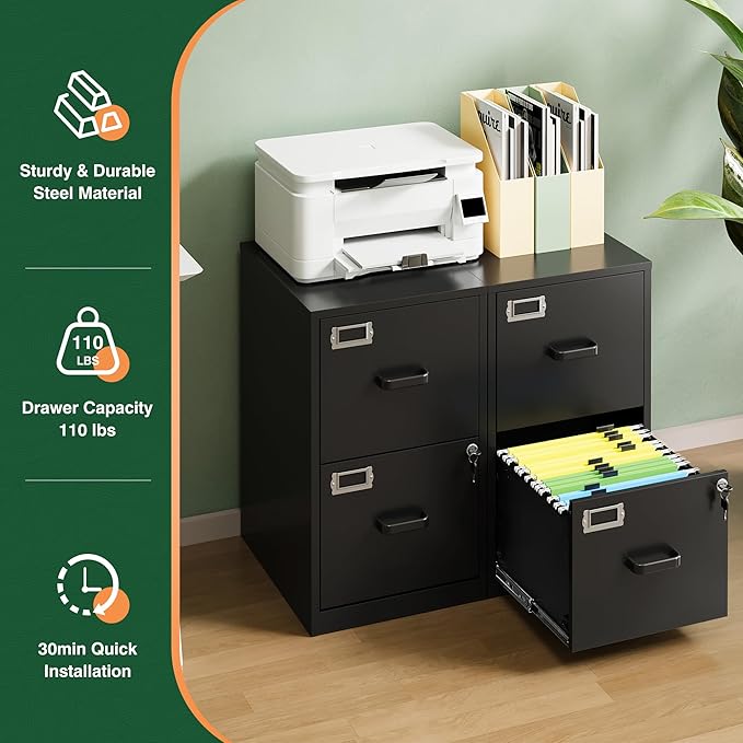 Letaya 2 Drawer File Cabinet with Lock,Metal Office Small Filing Cabinets for Home Office,Storage Letter,Black-Easy Assemble