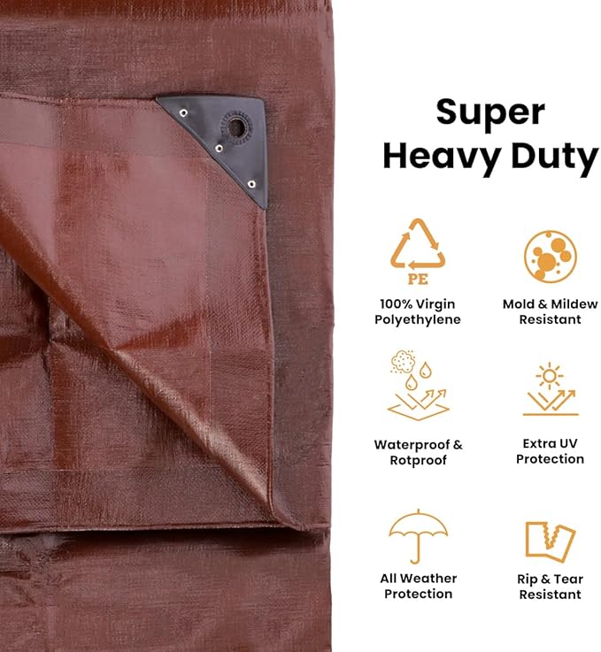 WHITEDUCK Super Heavy Duty Poly Tarp Cover 16 Mil & 10 Mil with Grommets and Reinforced Edges (Brown, White & Silver Black) (Brown- 16 Mil, 12' x 20')