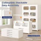 600QT Large Stackable Storage Bins with Lid, 150Gal Plastic Collapsible Closet Organizers Drawers Box with Wheels, Folding Cabinet Containers with Doors for Home Kitchen Office, 3Pack White