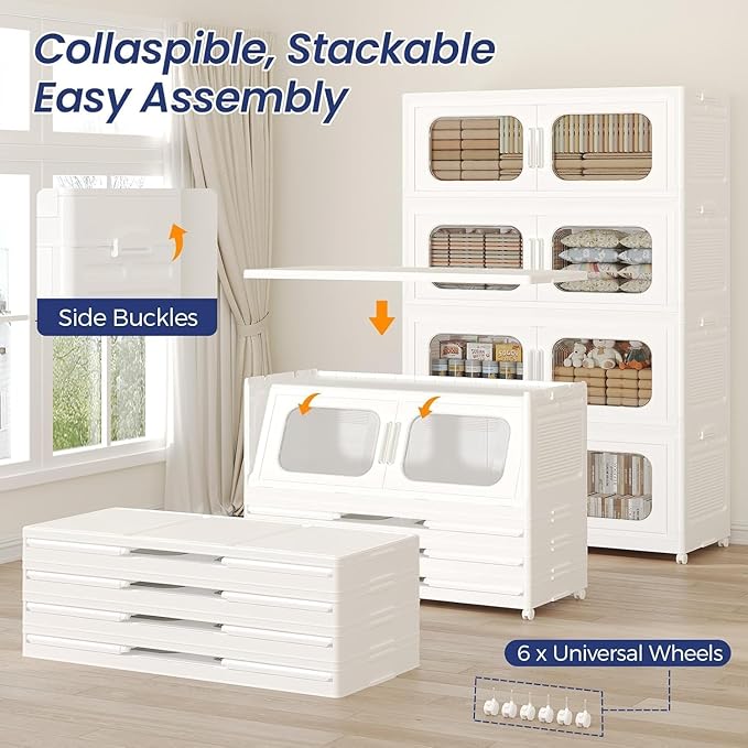 1000QT Large Stackable Storage Bins with Lid, 250Gal Plastic Collapsible Closet Organizers Drawers Box with Wheels, Folding Cabinet Containers with Doors for Home Kitchen Office, 5Pack White