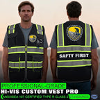 BeautyWill Safety Vest Class2 ANSI Certified Custom Logo High Visibility Reflective Vest for Men -10 Pockets Personalized Logo Heavy-Duty Work Vest（Mesh Black，L）