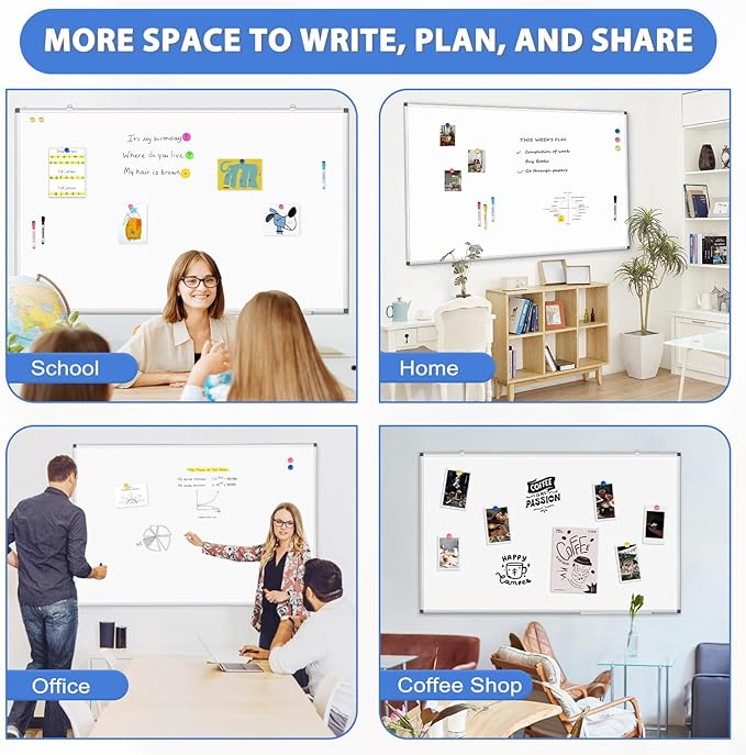 WALGLASS Large White Board Dry Erase for Wall, 48'' x 36'' Double-Sided Magnetic Whiteboard with Aluminium Frame, Hanging & Wall Mount for Home Office School