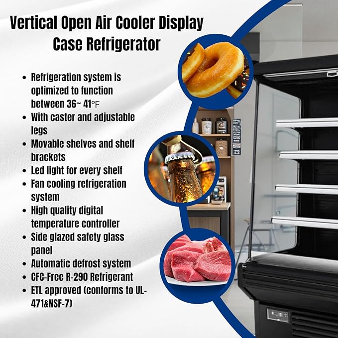 52" Display Refrigerators Open Air Food Refrigerated Display Case for Commercial Bakery Pastry Refrigerated Upright Display Cooler Case for Stores, Supermarkets, Bar, Shops, 36~41℉, Black
