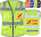 BeautyWill Custom Logo Safety Vest Mesh High Visibility Reflective Vest Customized Logo Utility Zipped Pockets Construction Workwear （Yellow,3XL）