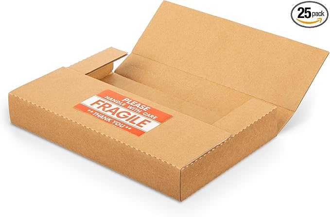 9x6x1.3 inch Corrugated Cardboard Boxes, Multi-Depth CD DVD Shipping Boxes with Fragile Stickers for Mailing, Storing, Packaging, Brown, 25 Pack