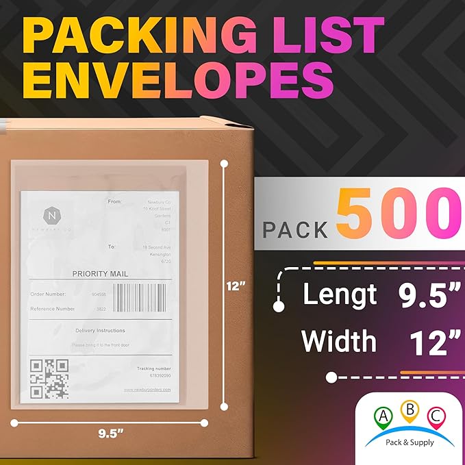 ABC Packing List Envelopes, 9.5 x 12 Inch. 500 Pack 2 Mil Polyethylene Clear Self Adhesive Shipping Label Sleeves. Plastic Shipping Label Pouches for Invoice and Efficient Order Management