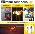 100 Foot Outdoor Extension Cord - 12/3 Heavy Duty Yellow Extension Cable with 3 Prong Grounded Plug for Safety - Great for Garden and Major Appliances
