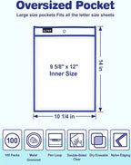 SUNEE 100 Packs Oversized Reusable Dry Erase Pocket Sleeves with 5 Rings, 10 Assorted Colors 10x14 Ticket Holders, Clear Plastic Sheet Protectors, Teacher School Classroom Supplies