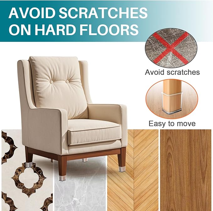 Ansible 24 Pcs Chair Leg Floor Protectors Square, Silicone Felt Furniture Leg Pads Caps Covers for Hardwood Floors (Fit:1-5/8" to 2")