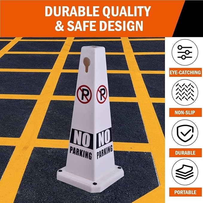 No Parking Sign, 26.4-Inch Traffic Safety Cone, White Plastic, High-Visibility, Weatherproof, Slip-Resistant Base, Stackable, Indoor Outdoor Use-4Pack