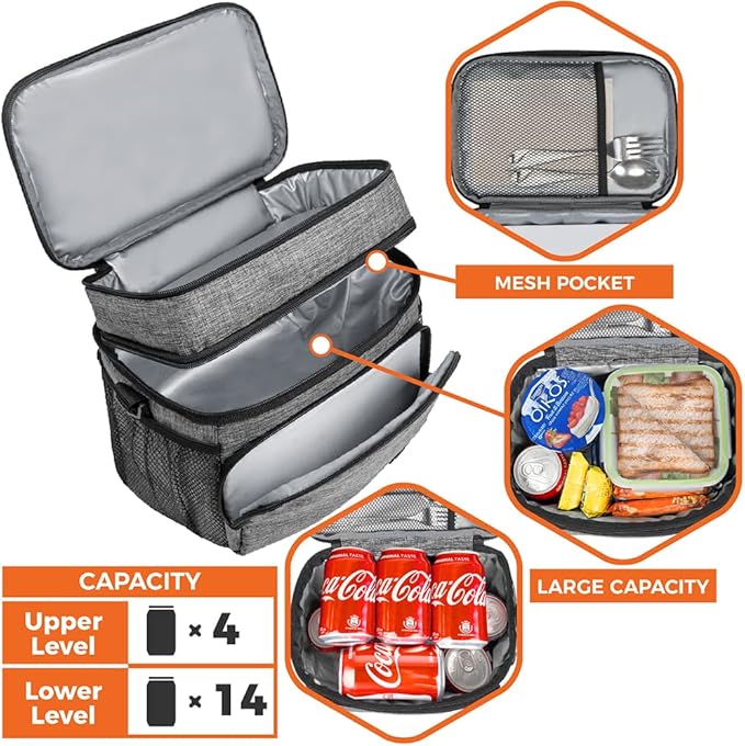 opux Insulated Lunch Bag for Men Women, Large Dual Compartment Cooler Bag, Soft Two Deck Lunch Box for Work School Picnic, Leakproof Lunch Tote with Shoulder Strap for Kid Adult (Gray, Double Deck)