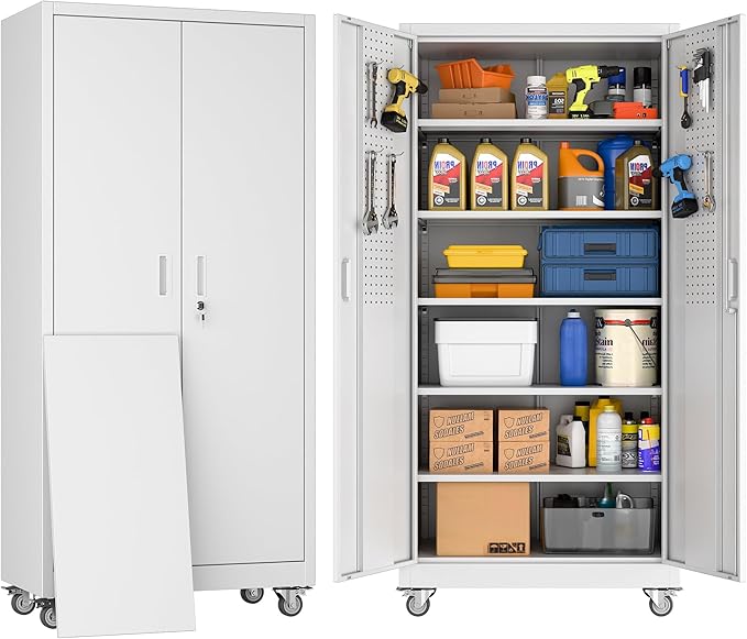 SUXXAN Metal Garage Storage Cabinet with Wheels and Pegboard 71'' x 34'' x 18'', Lockable Rolling Steel Cabinet with 5 Adjustable Shelves and Door for Garage, Office, Kitchen, Assembly Required