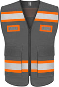 TCCFCCT Mesh Reflective Safety Vest with Pockets High Visibility Vest for Men Women, Work Vest with Fluorescent Orange Extend Edge, Meets ANSI/ISEA Standards, Grey, 2XL