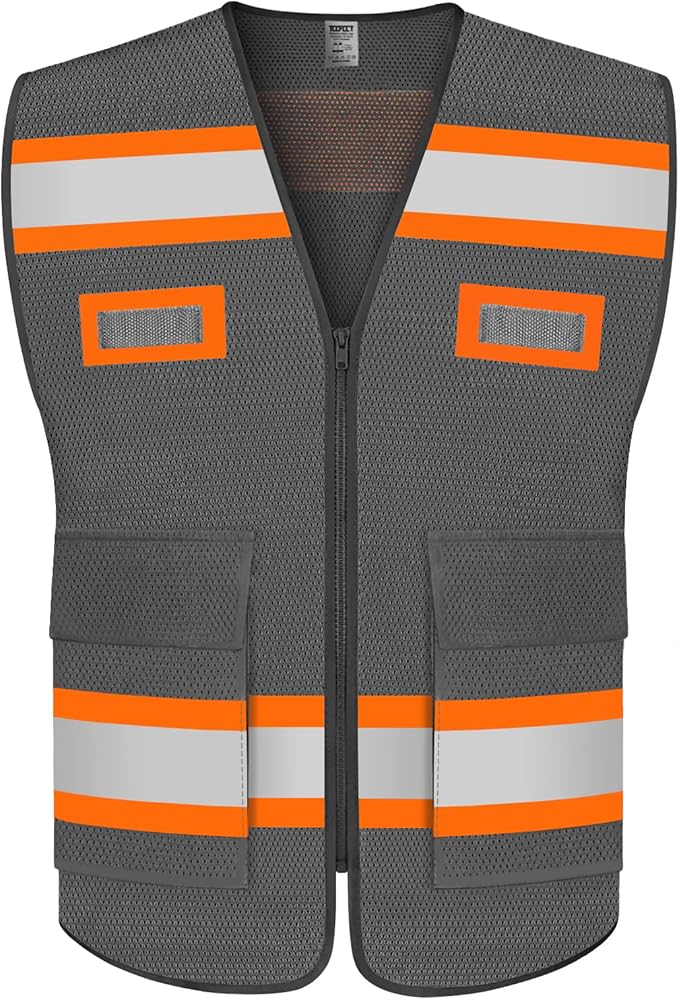 TCCFCCT Mesh Reflective Safety Vest with Pockets High Visibility Vest for Men Women, Work Vest with Fluorescent Orange Extend Edge, Meets ANSI/ISEA Standards, Grey, M