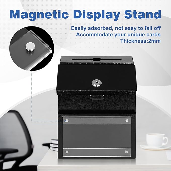 xydled Suggestion Box with Key Lock Magnetic Acrylic Sign Holder, Metal Donation Ballot Drop Box with Slot Tip Jar for Office, Fundraising, Church, School, 8.1'' x 7.1'' x 5.7'', Black