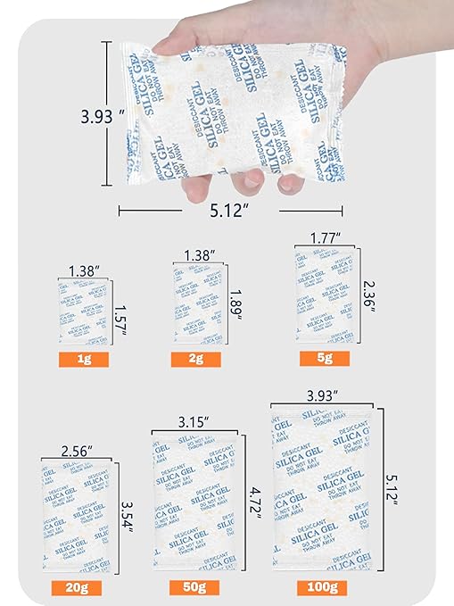 2 Gram (100 Pack) Color-Indicating Silica Gel Packets, Each 5 Pack Individually Sealed, Food Grade Desiccant - Rechargeable Moisture Absorbers for Food Storage, Electronics, 3D Filament & Safes