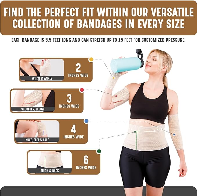 Premium Elastic Bandage Wrap (6” Wide, 50 Pack) - Nexskin Latex Free Athletic/Medical Compression Bandages Hook & Loop Fasteners at Both Ends - Lifetime Washable & Reusable Bandages