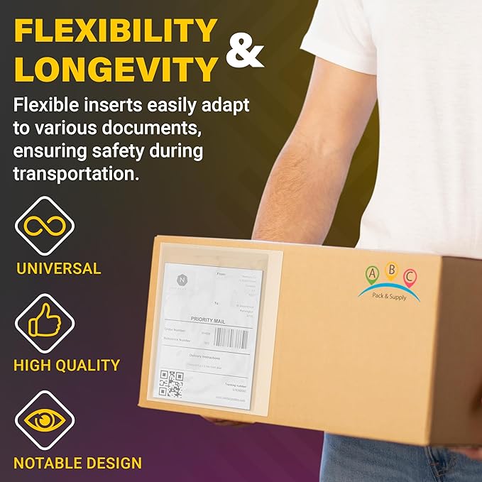 ABC Packing List Envelopes, 9.5 x 12 Inch. 500 Pack 2 Mil Polyethylene Clear Self Adhesive Shipping Label Sleeves. Plastic Shipping Label Pouches for Invoice and Efficient Order Management
