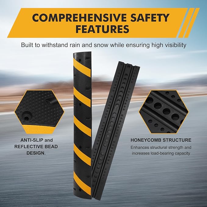 2-Pack 6FT Heavy Duty Speed Bumps – 25,000Lb Capacity Recycled Rubber Traffic Calming Humps for Parking Lots, Driveways & Garages – Weatherproof with Cable Protection Channels