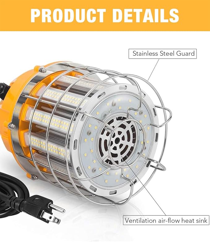 LED Temporary Work Light 60W, LED Construction Lights 7,200lm 5000K Daylight, Stainless Steel Guard Portable Hanging Work Lighting Workshop Jobsite Light Outdoor