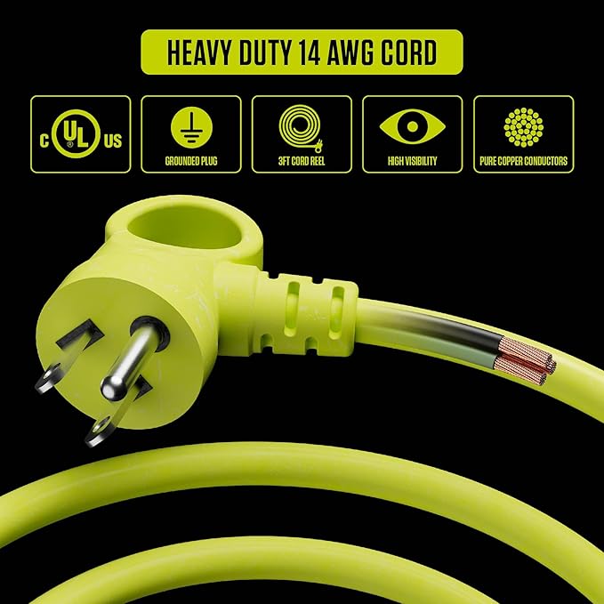Masterplug 3ft Cord Reel, Retractable Extension Lead with Winding Handle, Safety Overload Circuit Breaker and Power Switch, 4x Grounded Outlets, 13amps, 14AWG Cable