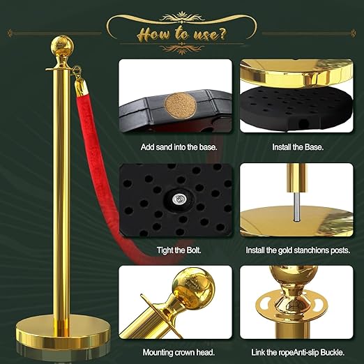 6Pcs Gold Stanchion Post Queue Velvet Ropes and Posts with Soild Base and 4pcs 5 Ft Red Velvet Ropes Carpet Ropes Posts Stanchion Set Crowd Control Barriers for Party Supplies