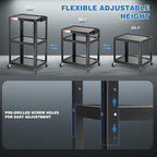 3 Shelf Metal Utility Cart with Wheels & Power Strip - Steel Mobile AV Cart for Video Projector, TV, Laptop, Computers, Printers - Height Adjustable Media Carts for Office Classroom Warehouse