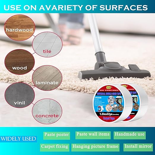 Double Sided Carpet Tape 2 in x 22 yd Heavy Duty - Strong Adhesive for Area Rugs, Mats, Stairs on Hardwood, Tile, Concrete Floors No Residue Removable