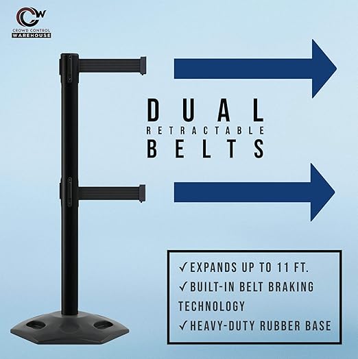 CCW Series WBB-200D - Set of 2 Retractable Dual Belt Stanchion Safety Barrier, Heavy-Duty Rubber Base Yellow Post (9 Foot Belt, Dark Grey Belt)