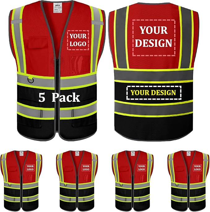 5 Pack Custom Safety Vest Customized Logo Mesh Vest Class 2 High Visibility Reflective Vest with Pockets Workwear（Red Black，L ）