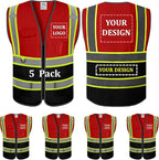 5 Pack Custom Safety Vest Customized Logo Mesh Vest Class 2 High Visibility Reflective Vest with Pockets Workwear（Red Black，L ）